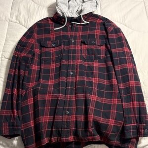 Divided Red and Black Checkered Shirt Jacket